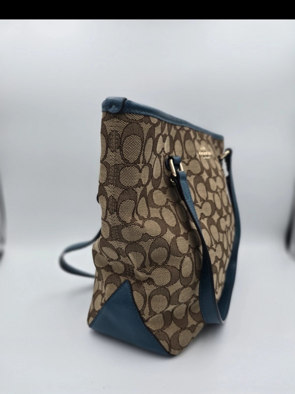 Coach Brown Signature Tote with Blue Trim - Picture 2 of 11